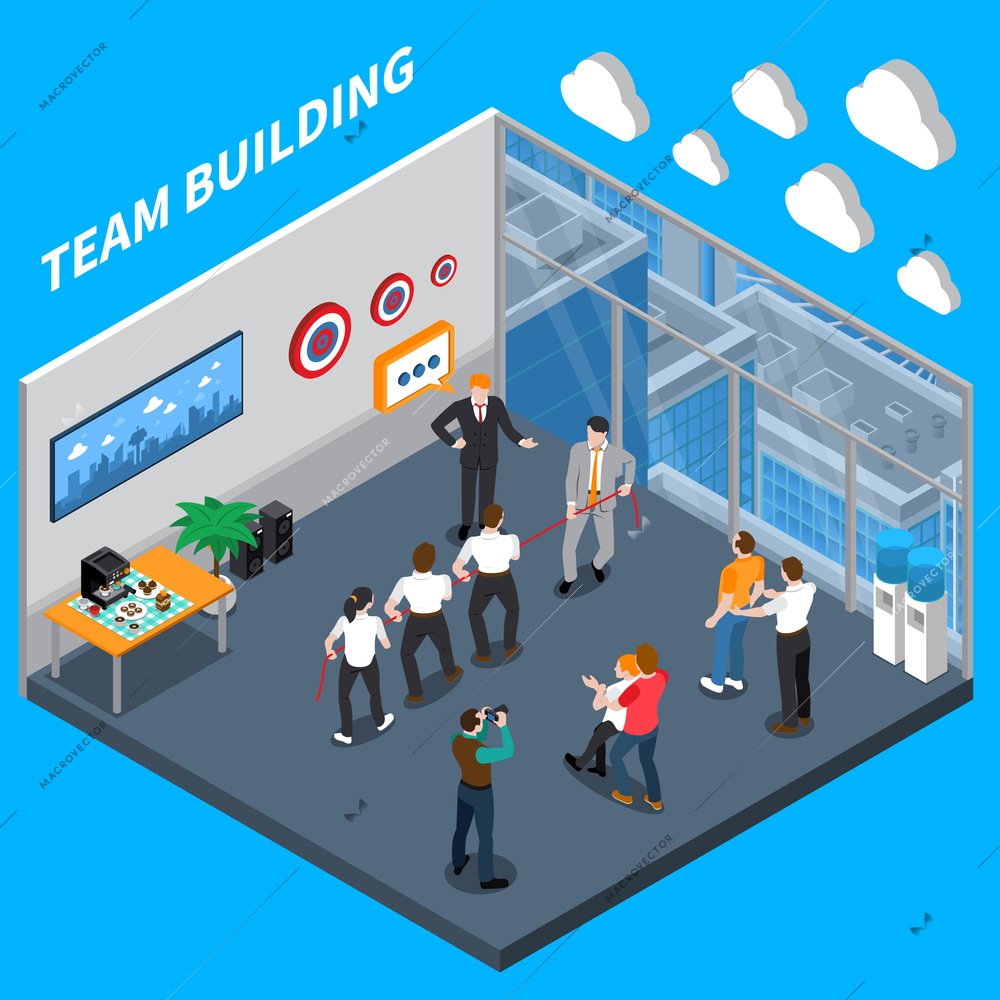 Business executive coaching isometric composition with high trust team building practical exercises in workplace training   vector illustration