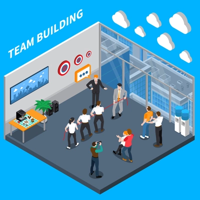 Business executive coaching isometric composition with high trust team building practical exercises in workplace training   vector illustration
