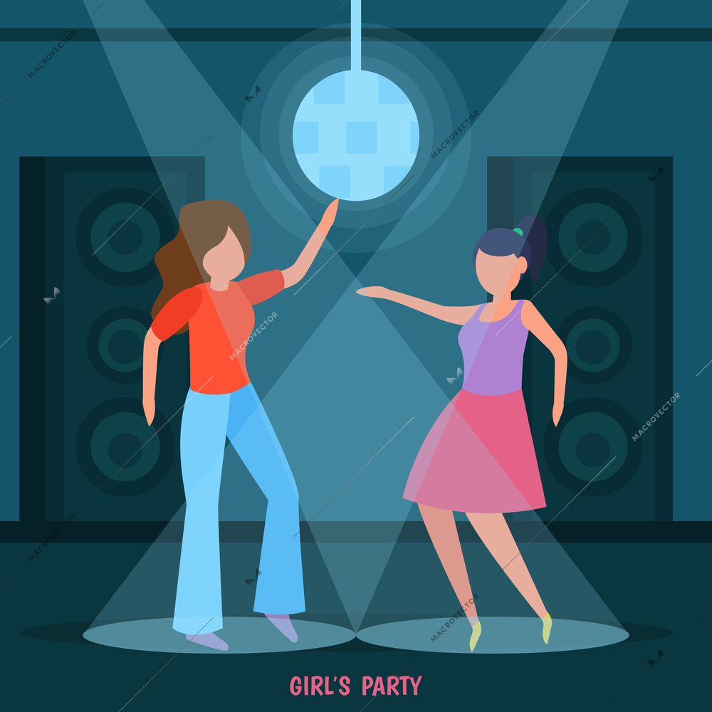 Girls friendship orthogonal composition with night club disco ladies party women dancing in spotlight together vector illustration