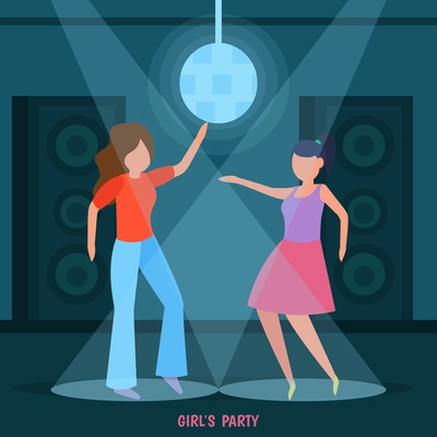 Girls friendship orthogonal composition with night club disco ladies party women dancing in spotlight together vector illustration