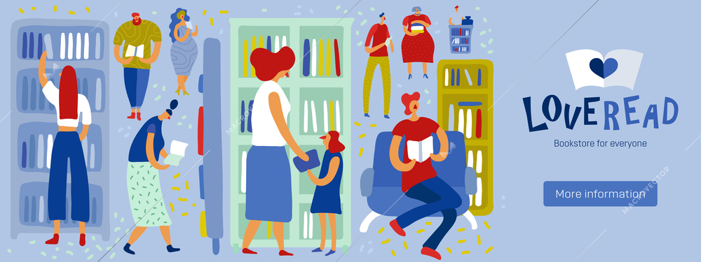 People looking and choosing literature in book store on blue background flat vector illustration