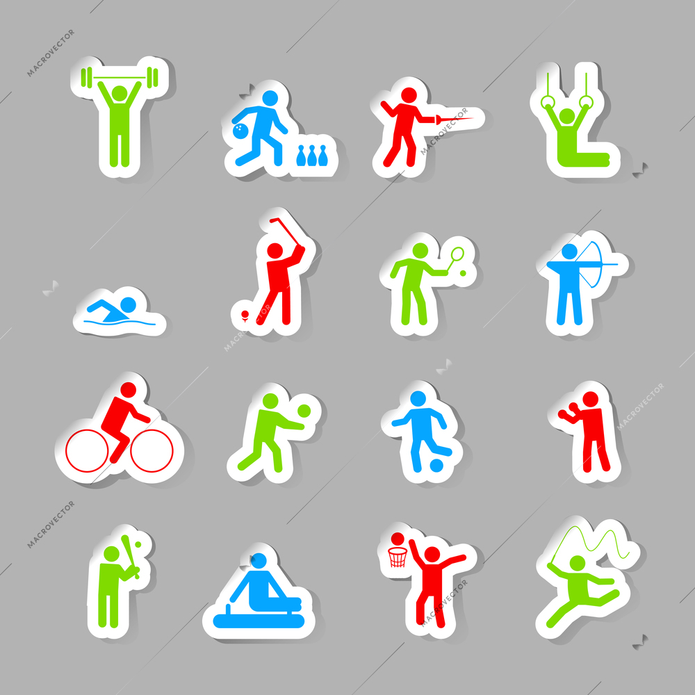 Decorative gymnastics soccer volley ball sport competitions design network symbols pictograms collection flat isolated vector illustration