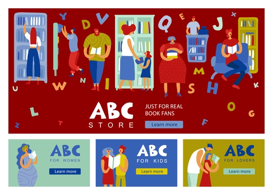 Set of flat horizontal banners book store with people isolated on colorful background vector illustration