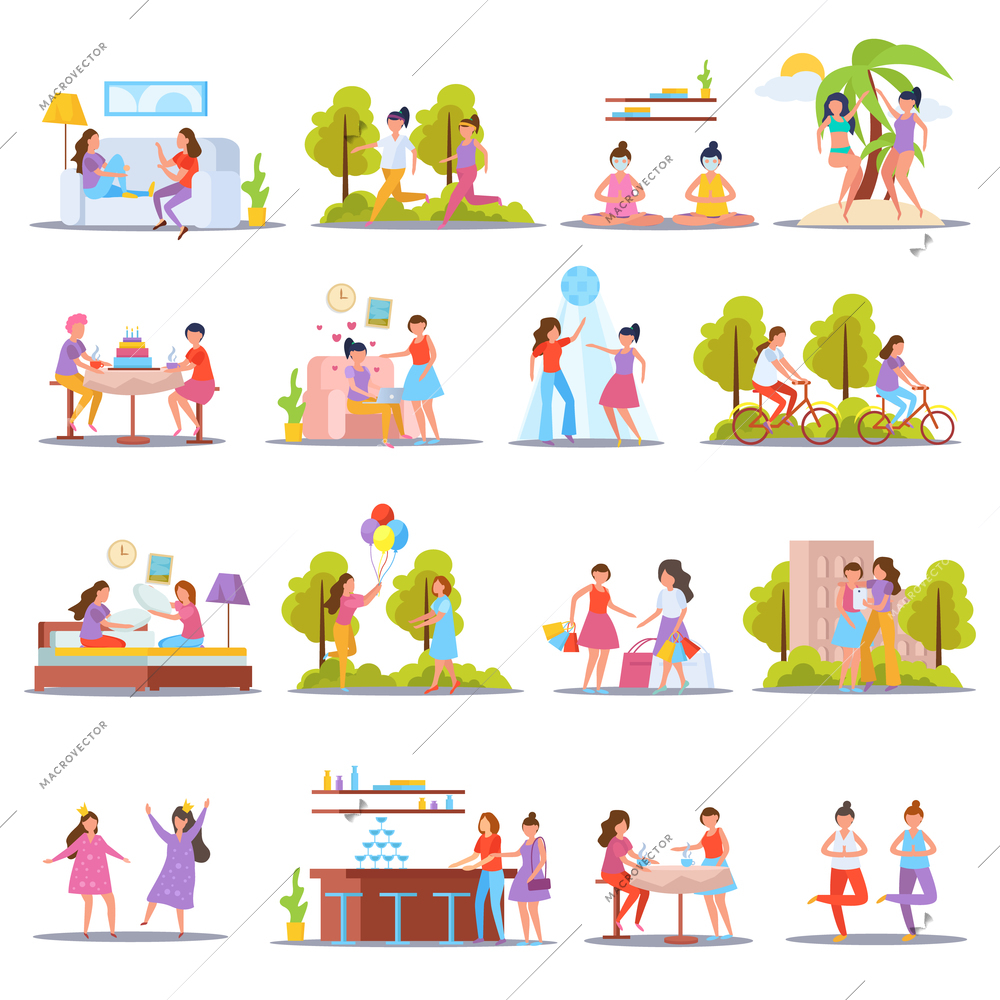 Girls friendship orthogonal icons set with home slumber and birthday parties vacation sporting together isolated vector illustration