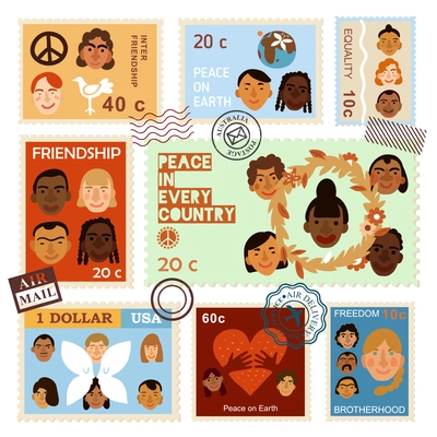 Set of postage stamps international human faces and symbols of peace and friendship isolated vector illustration