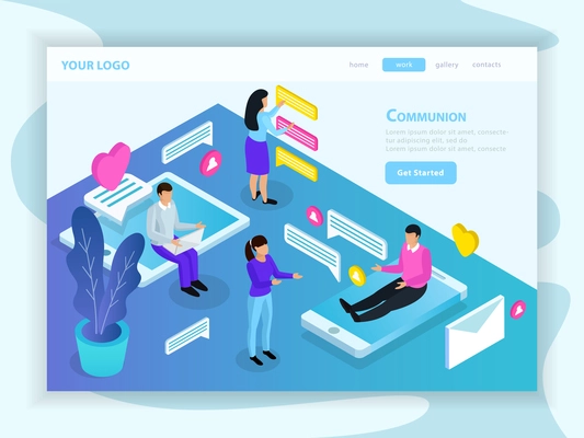 Virtual communication isometric landing web page with messaging people sitting on tablet and smartphone screens vector illustration