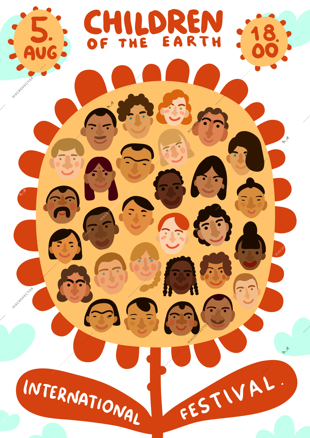 Children of earth festival poster on light background with international human faces at flower flat vector illustration