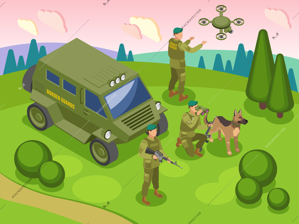 Frontier guards during border service with dog vehicle and drone with camera isometric vector illustration