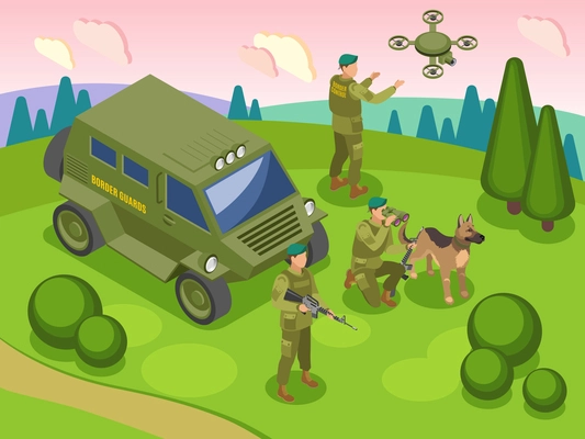 Frontier guards during border service with dog vehicle and drone with camera isometric vector illustration