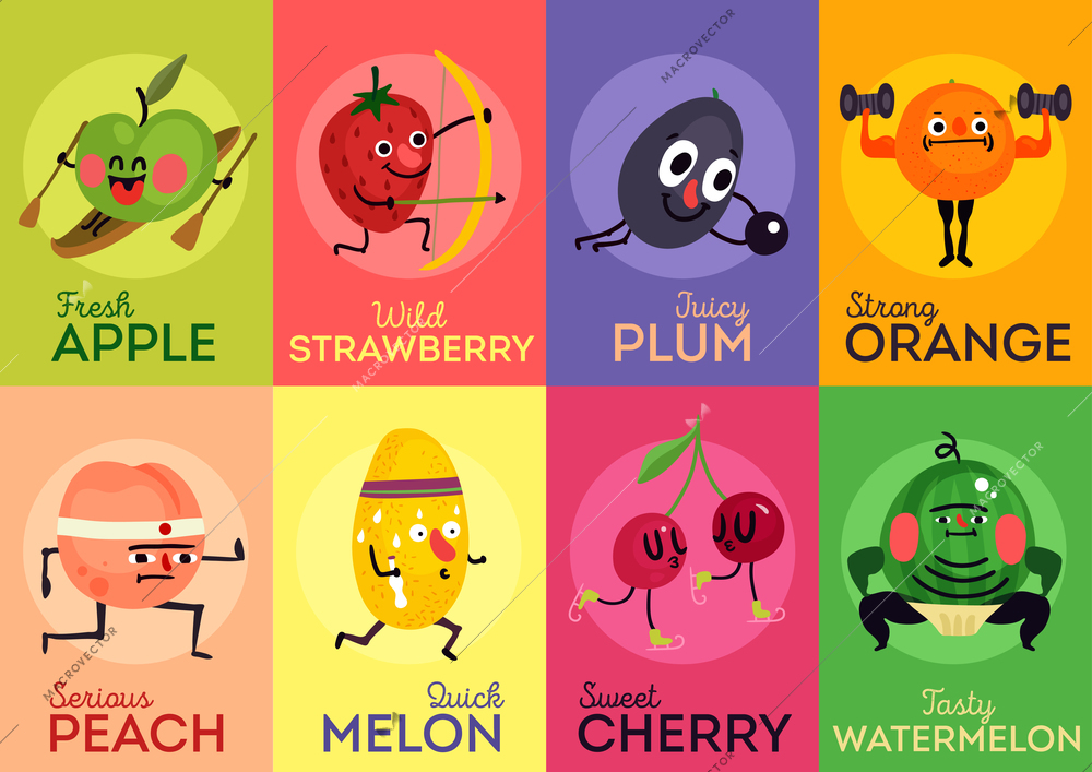 Set of cards cartoon funny fruits during sport activity isolated on colorful background vector illustration