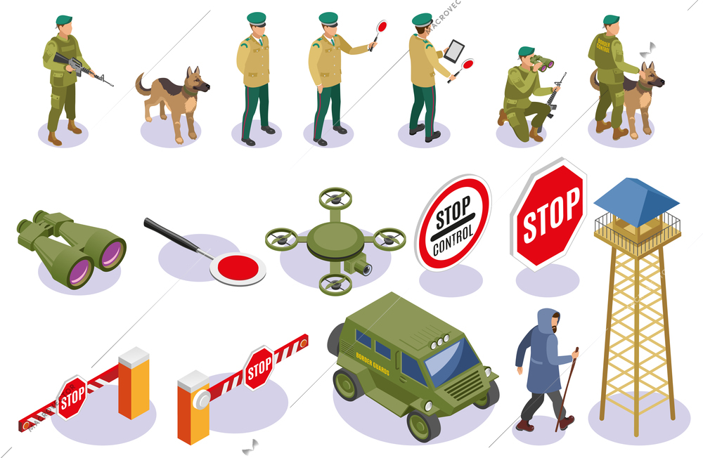 Border service isometric icons guards with equipment warning signs patrol dog and surveillance tower isolated vector illustration