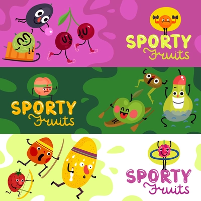 Set of horizontal banners cartoon funny fruits during sports isolated on colorful background vector illustration