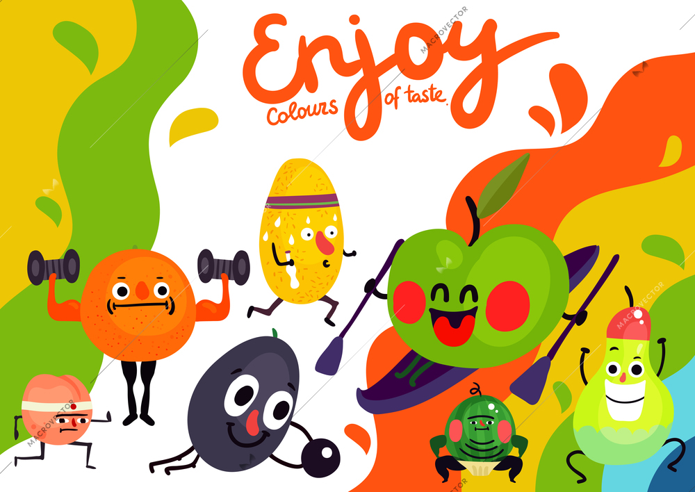 Cartoon funny fruits during sports on color background with drops of paints vector illustration