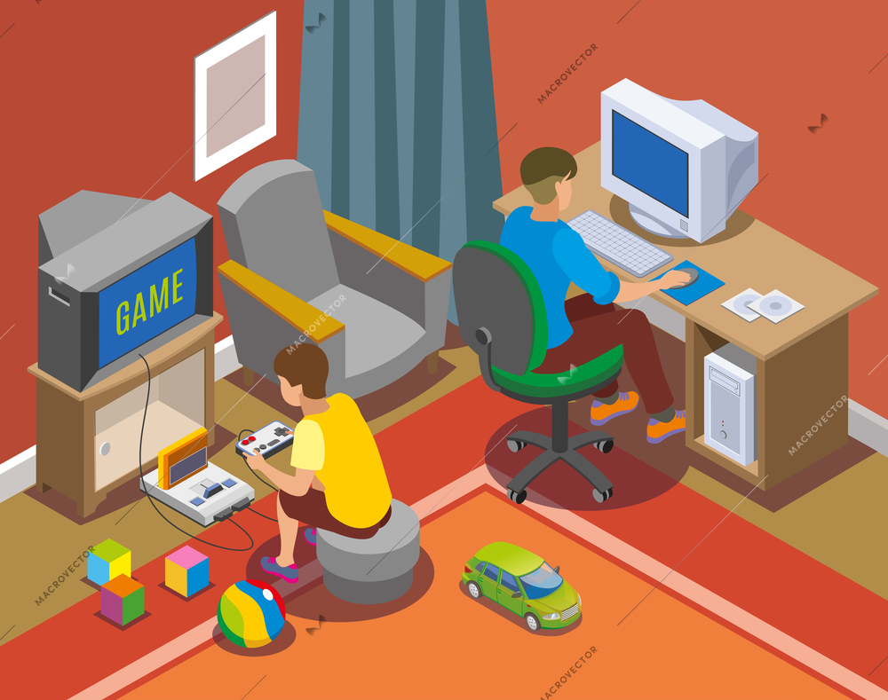 Retro gadgets isometric composition with teens near personal computer and with game console vector illustration