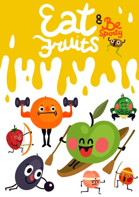 Cartoon funny fruits with emotions during sport activity poster on yellow white background vector illustration