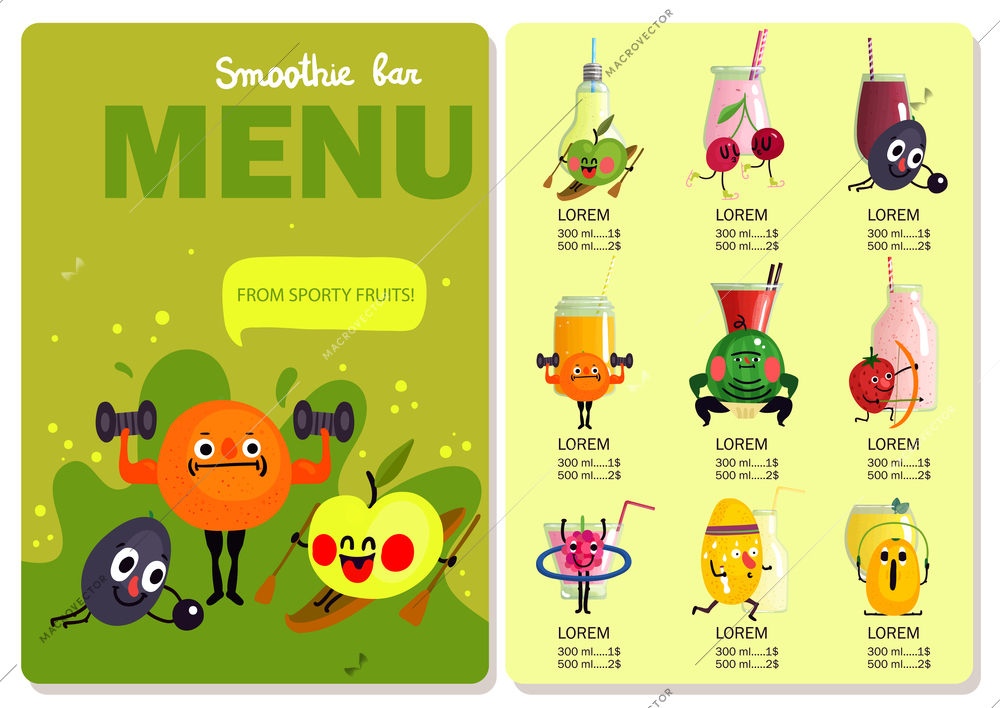 Menu of smoothie bar with cartoon funny fruits and drinks on yellow green background isolated vector illustration