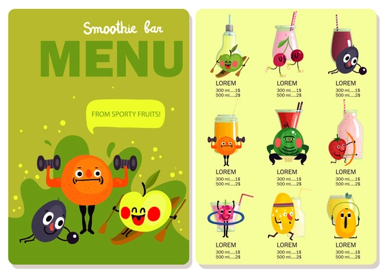 Menu of smoothie bar with cartoon funny fruits and drinks on yellow green background isolated vector illustration