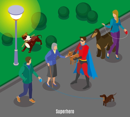 Super hero holding pet of old lady during dogs walking in evening time isometric vector illustration