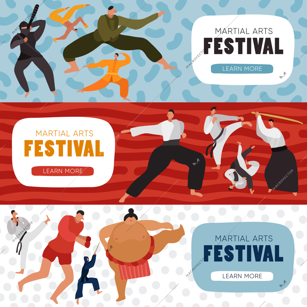 Set of horizontal banners fighters during practice at martial arts festival isolated on color background vector illustration