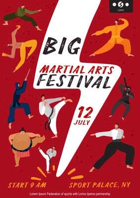 Martial arts festival poster with fighters on red background with white lightning flat vector illustration