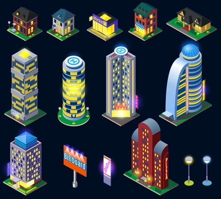 Night city isometric icons with illuminated sky scrapers and suburb houses isolated on dark background vector illustration