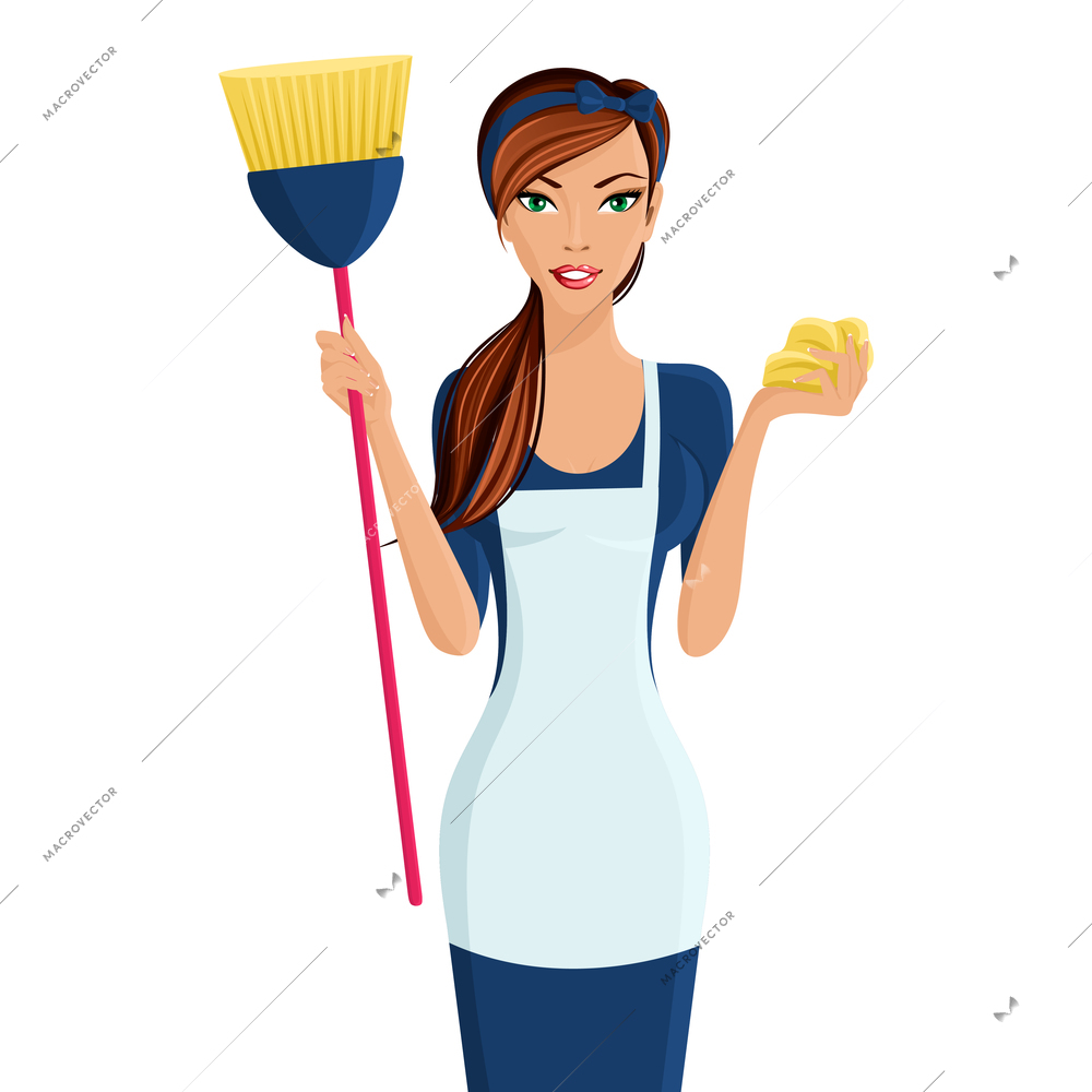 Young beautiful cleaning lady professional standing in apron with broom and dustcloth in hands isolated vector illustration