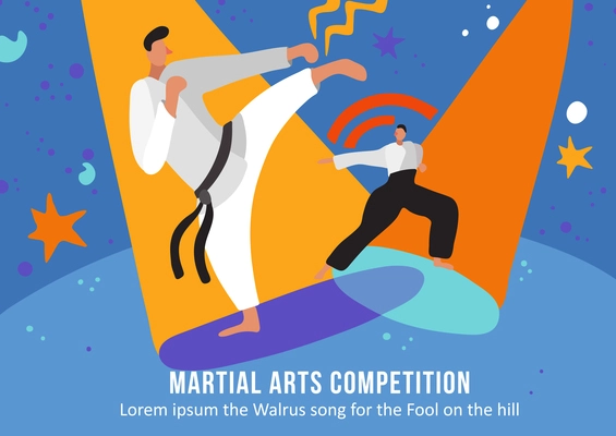 Fighters in rays of spot light during competition in martial arts on blue background flat vector illustration