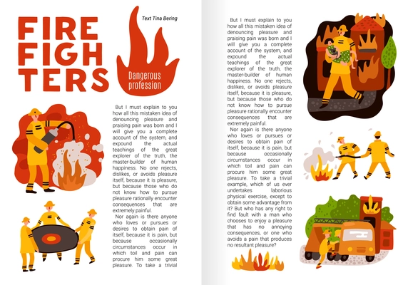 Fire fighting flat infographics on book pages firemen with professional equipment during work vector illustration