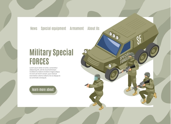 Military special forces isometric web page with menu interface and army vehicle with soldiers vector illustration