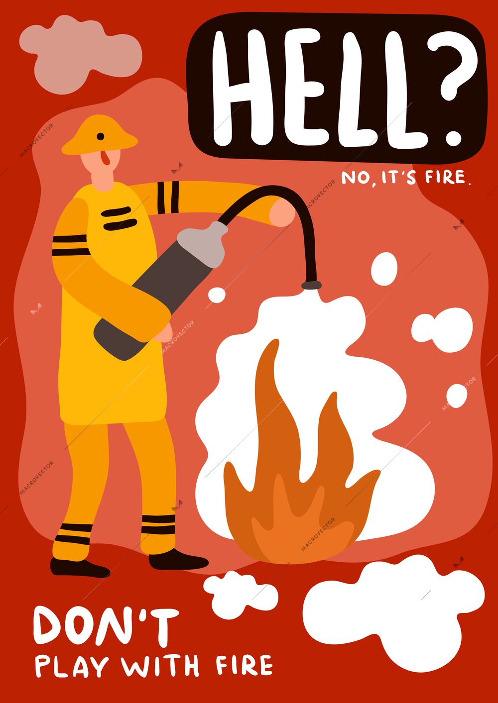 Fireman with extinguisher during fire fighting poster on red background flat vector illustration