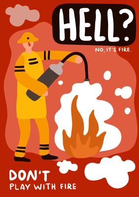 Fireman with extinguisher during fire fighting poster on red background flat vector illustration