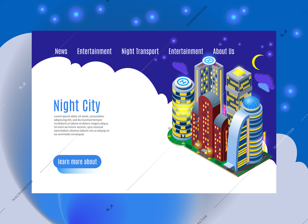 Night city with luminous buildings isometric web page with menu interface on white blue background vector illustration