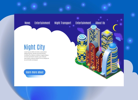 Night city with luminous buildings isometric web page with menu interface on white blue background vector illustration