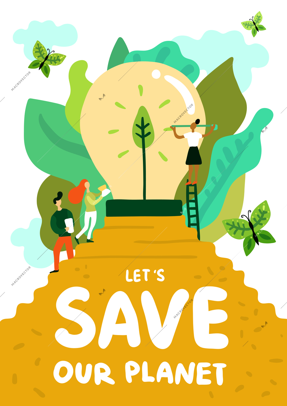 Saving of planet poster with responsible human characters and green energy on yellow pedestal flat vector illustration