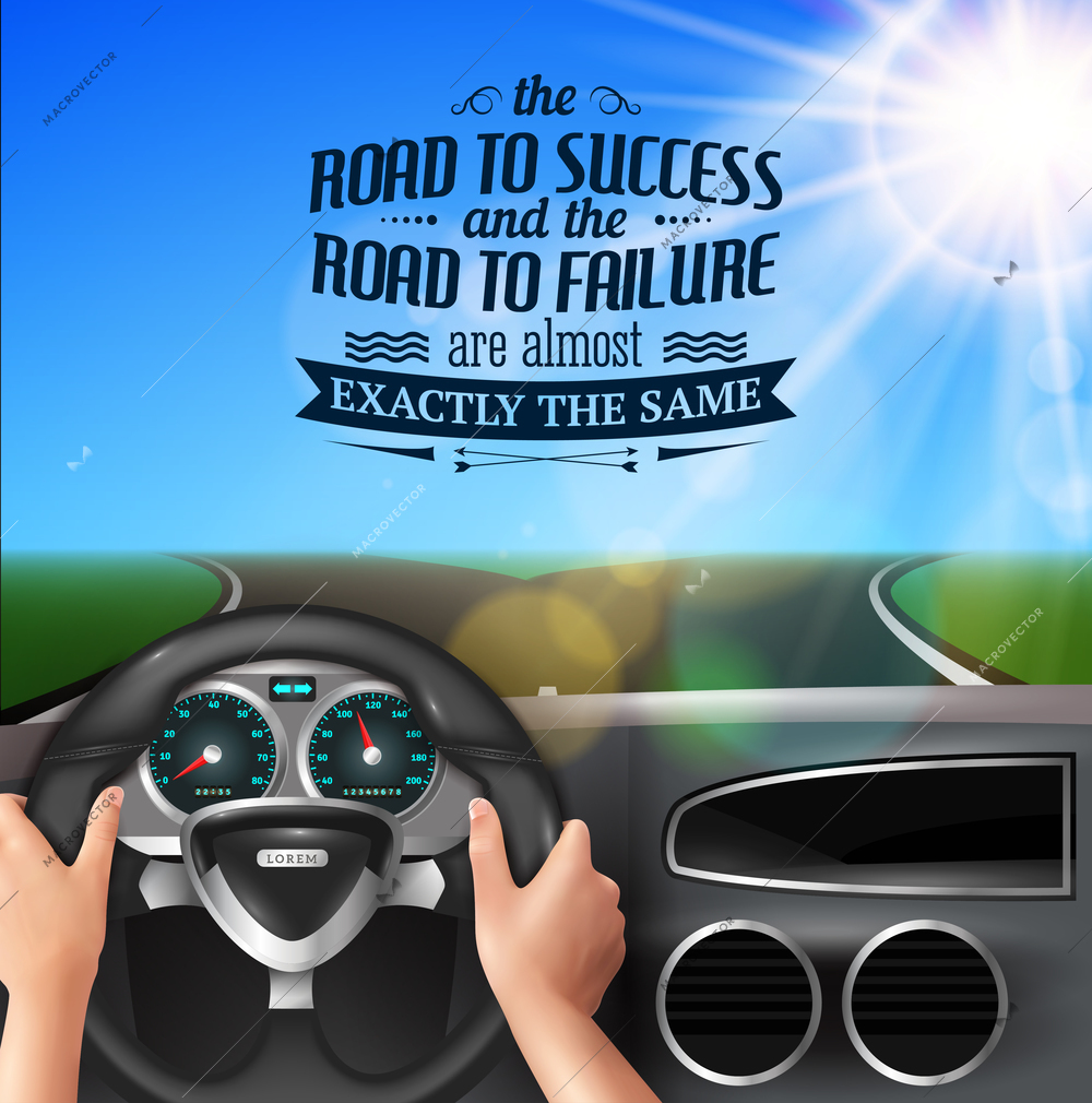 Road to success quotes with failure and happiness symbols realistic vector illustration