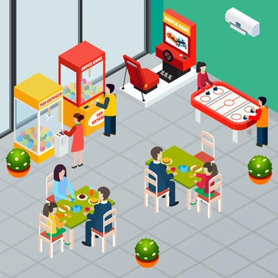 Families with children having lunch and playing game machines 3d isometric vector illustration