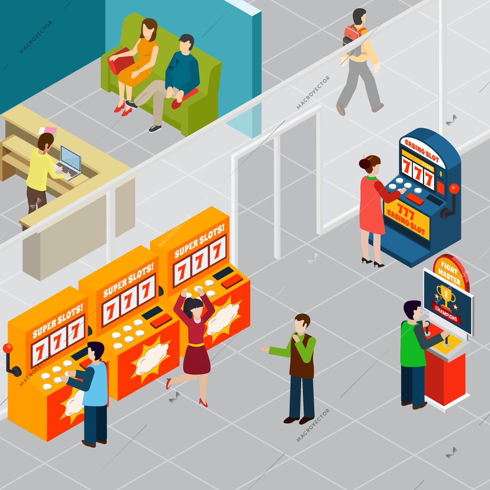 Happy people playing game machines 3d isometric vector illustration