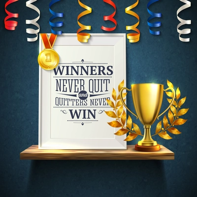 Winners quotes with quitters victory and cup symbols realistic vector illustration