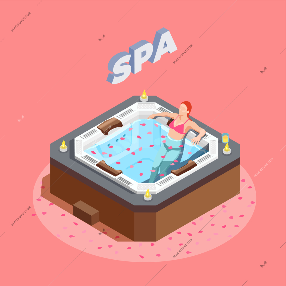 Woman in bath with rose petals during water therapy isometric composition on pink background vector illustration