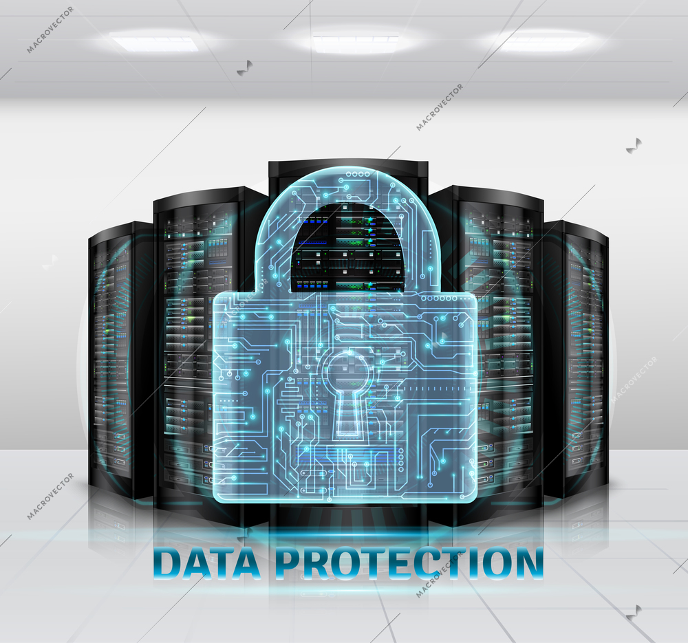 Cloud storage safety data protection realistic composition with padlock on computer disk drive devices symbol vector illustration