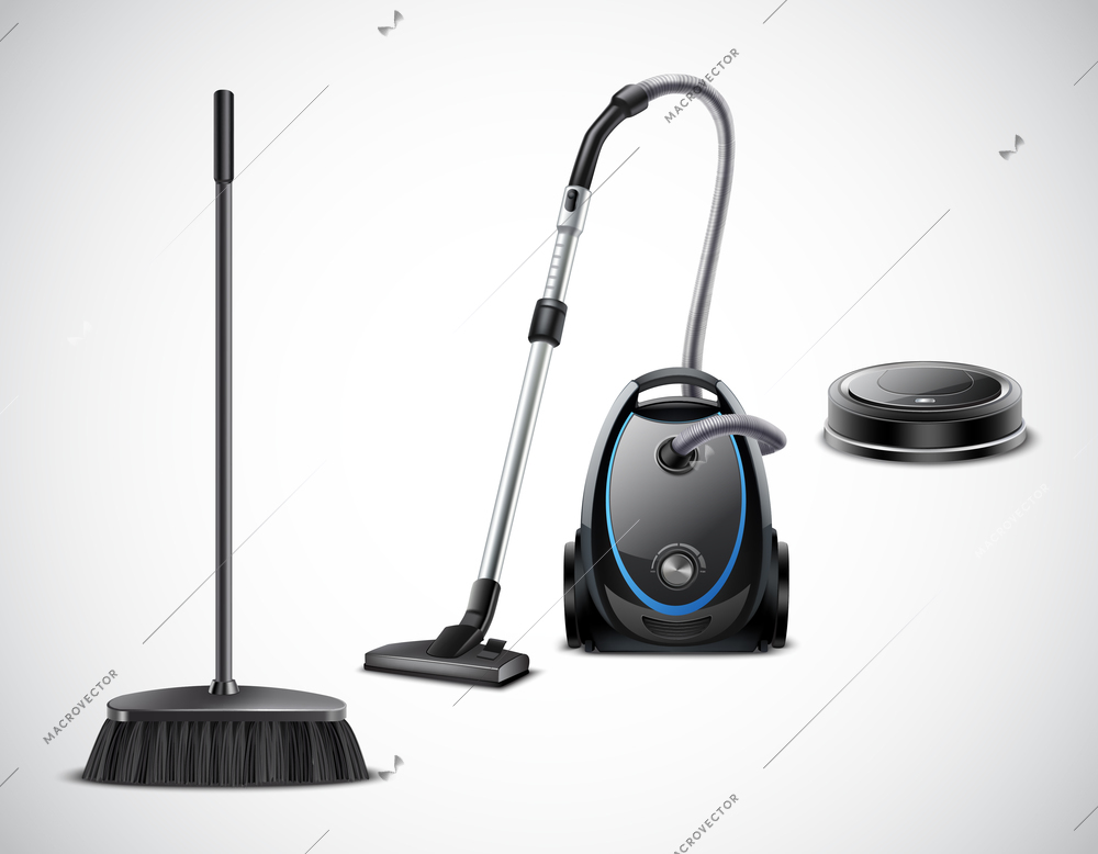 Vacuum cleaner evolution from broom to robotic appliance isolated on light background realistic vector illustration