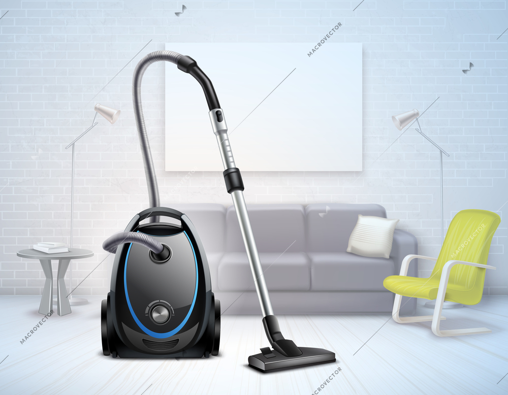 Realistic bright electrical vacuum cleaner with telescopic suction pipe on background of pale modern interior vector illustration