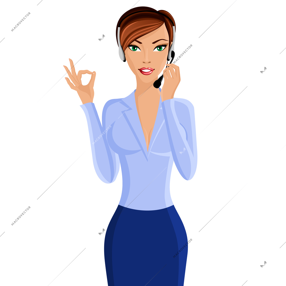 Young sexy attractive woman call center customer support interactive service representative with headphone set isolated vector illustration