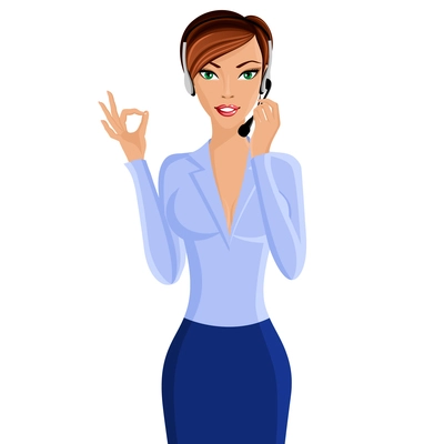 Young sexy attractive woman call center customer support interactive service representative with headphone set isolated vector illustration