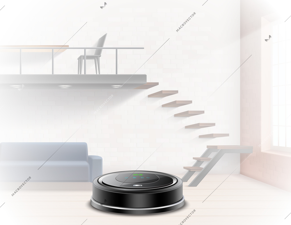 Black robotic vacuum cleaner on background of interior illuminated by sun 3d vector illustration