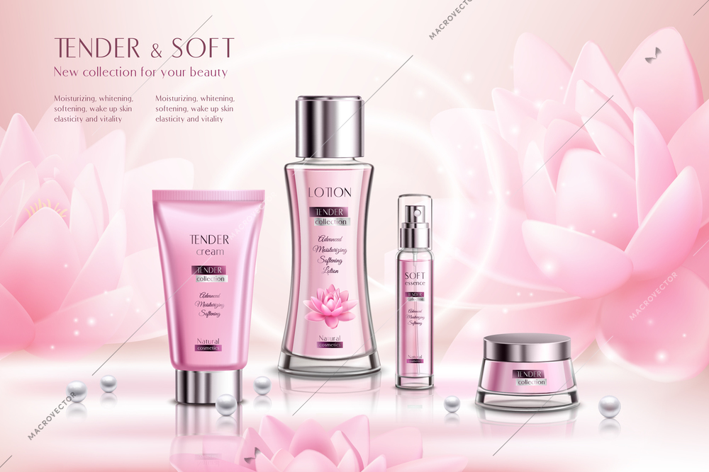 Cosmetics products series advertising composition on pink sparkling background with lotus flowers and pearls vector illustration