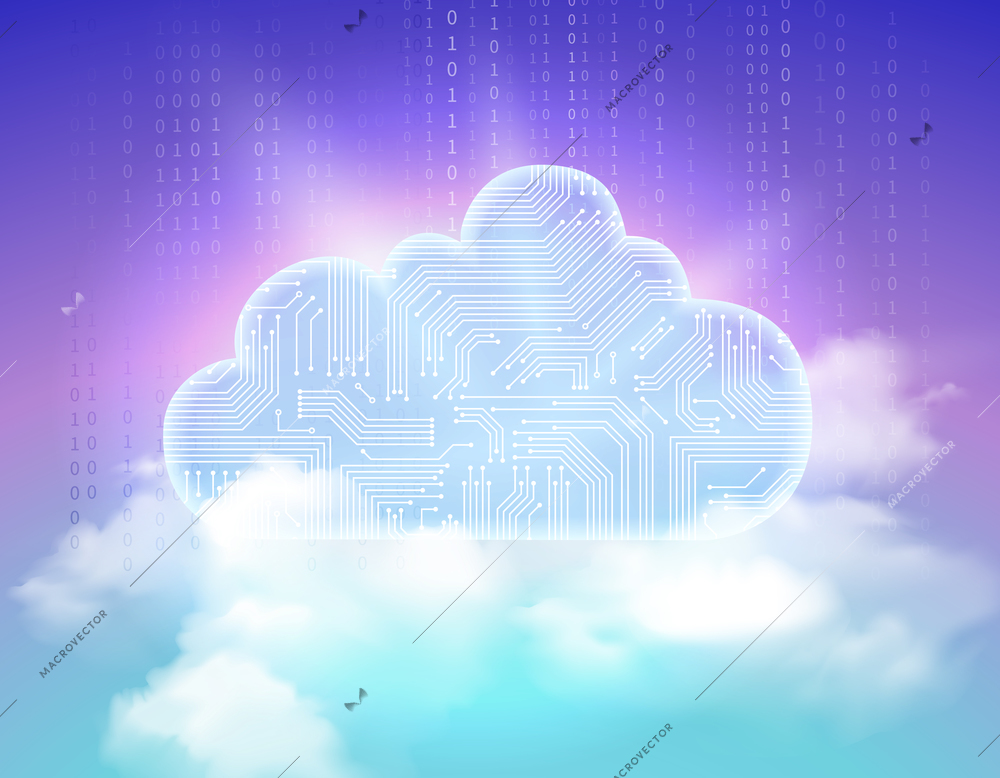 Safe data storage service shining electronic circuits cloud symbol above realistic sky radiant colorful background vector illustration