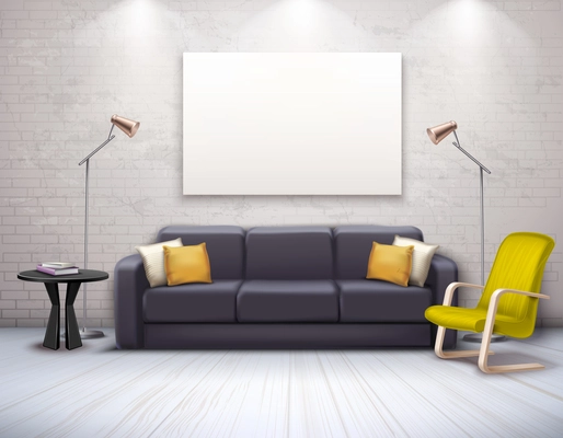 Mock up of realistic modern interior with furniture in black yellow color and ceiling lighting vector illustration