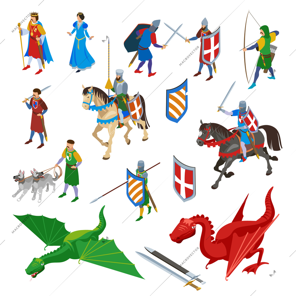 Medieval isometric characters set of isolated swords ancient weapons and human characters of warriors with dragons vector illustration