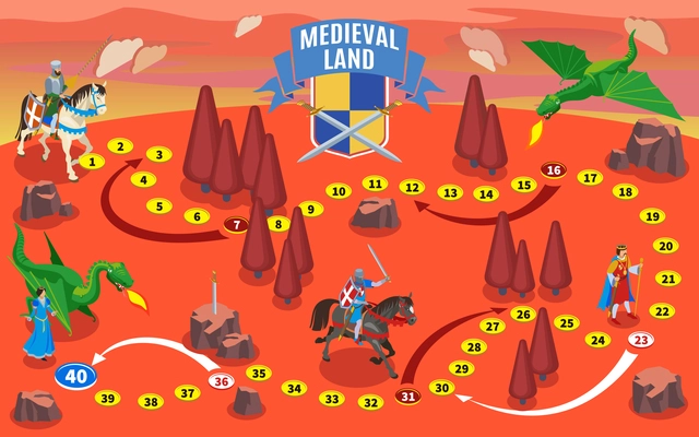 Medieval isometric game map composition with knights on horses and fantasy land with dragons and trees vector illustration